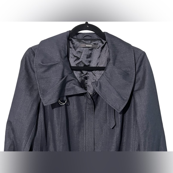 Tahari long trench coat jacket zip up belted round neck navy size medium - Picture 4 of 12